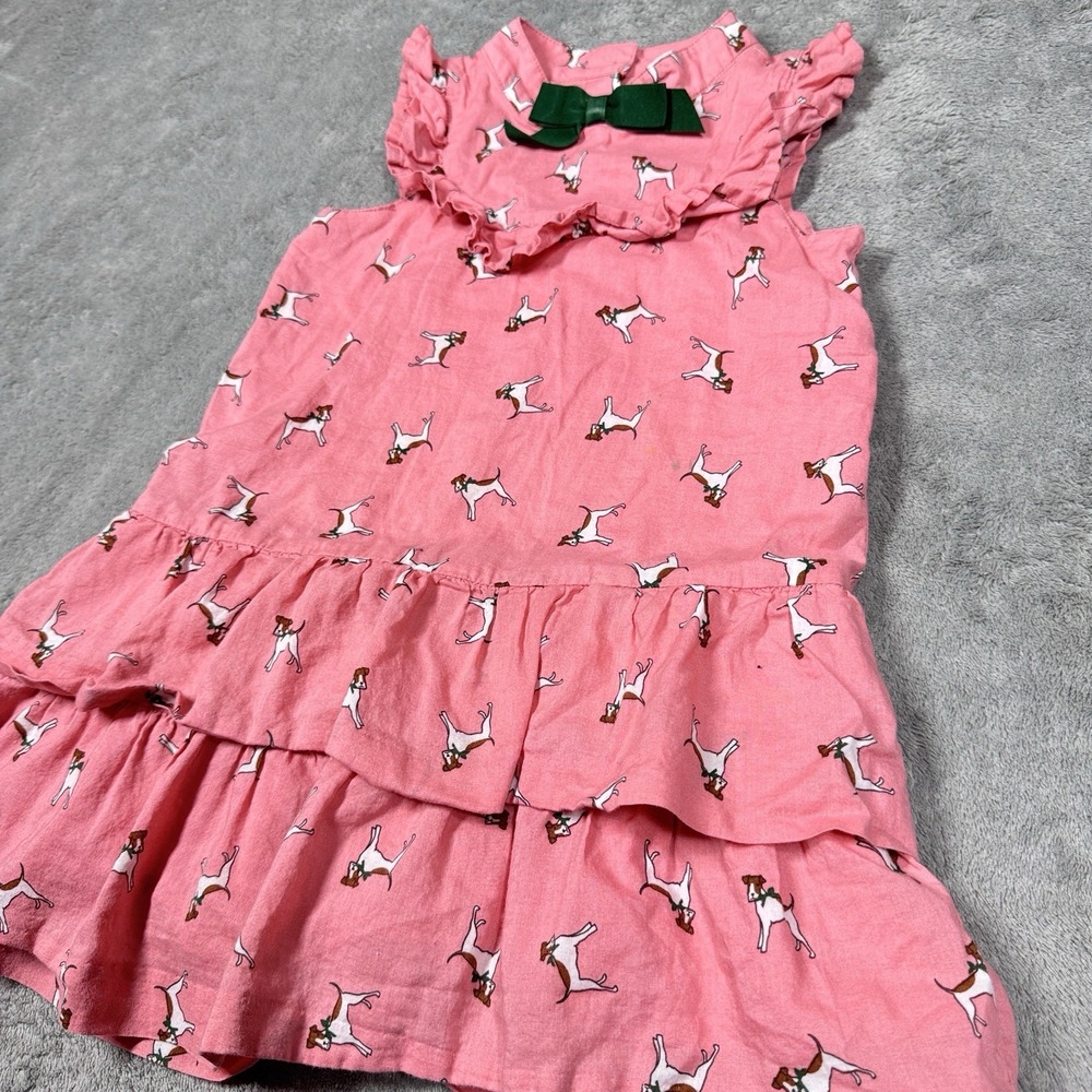 Janie and Jack Girls Size 3‎ Pink Dog Print Tiered Ruffle Dress Green Bow